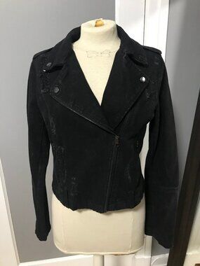 Goth Punk Rock Distressed Black Denim Moto Biker Jacket MEDIUM